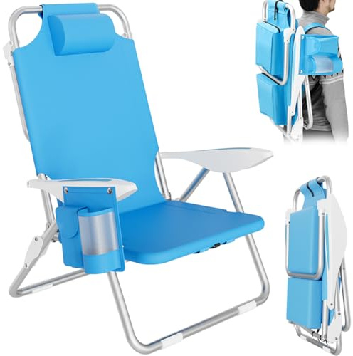 BAKAJI Spiaggina Pieghevole Portatile Sedia Sdraio da Spiaggia Richiudibile Struttura in Alluminio Tubolare con Tasca Porta Tutto Sacca Porta Oggetti Borsa Termica Integrata e Spallacci Zaino (Blu)