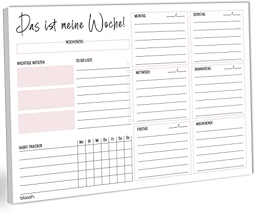 blaash® Wochenplaner Block DIN A4 ohne festes Datum | 50 Seiten Planer mit Wochenübersicht & Habit-Tracker für Termine, Aufgaben& Notizen | Organisation & Motivation im Alltag | Rosa