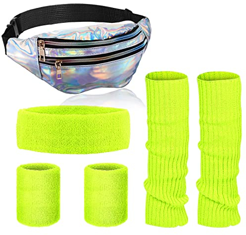 SATINIOR 80s Women Workout Outfit Neon Leg Warmer Headband Wristbands Fanny Pack Set 80s Accessories for Yoga Running(Silver, Fluorescent Yellow)