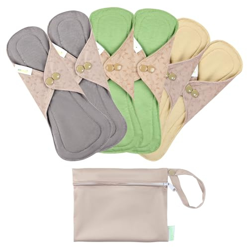 wegreeco 6 Pcs Reusable Menstrual Pads, Ultra Absorbent Cloth Pads for Heavy Flow, Sanitary for Teens, Women, Nonslip, Inner Mustard Yellow, Grey, Beige, Rose Gold Outer, M