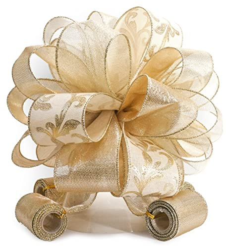CT CRAFT LLC Champagne Gold Swirl Less Glitter Christmas Tree Topper Bow 11 with 4 Ribbon Streamers x 3 Yards Long Each for Holidy Elegant Fancy Home Décor Indoor