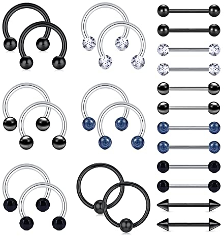 Funseedrr 12 Paar 14G Edelstahl Brustwarzenpiercing Nippelpiercing Zungenpiercing für Mann Schwarz 14mm 16mm Stab Hufeisen Septum Nippel Piercing Brustpiercing Brustwarze Barbell Piercing Schmuck