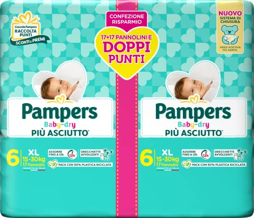 Pampers Baby Dry XL Pacco Doppio, Taglia 6 (15-30 kg), 34 Pannolini