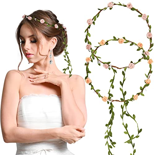 2pcs Bandeaux Fleur Couronne Guirlande Fleur Cheveux Artificiel Serre Tête Headband Floral Fleurs Séchées Accessoires de Coiffure pour Fête Mariage Femmes Filles