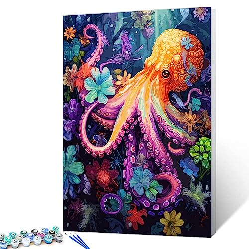 Malen nach Zahlen-Sets mit Neon-Oktopus, für Kinder und Erwachsene, Anfänger, bunte Ozeanlandschaft, Leinwand, DIY-Ölgemälde mit Pinseln und Acryl, digitales Gemälde, Geschenk, moderne Wanddekoration,