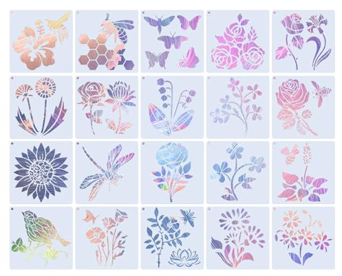 20 Stück Blumen und Pflanzen Zum Malen für Wiederverwendbare Schmetterling Libelle, Sonnenblume Schablone Set für DIY Sammelalben, Malen Auf Holz, Wand