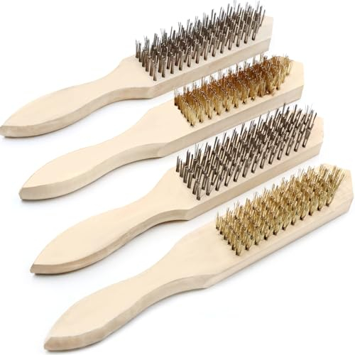 CONNECTION Cepillo Alambre,Cepillo de Alambre de Latón con Mango de Madera 4 Pcs Cepillos Metálicos A Cepillo Manual Acero Latonado de 13/15 Filas Cepillo de Alambre para limpiar Cepillos de limpieza