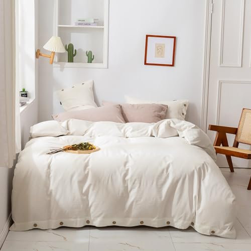 Joanna&Seasons Set copripiumino matrimoniale, biancheria da letto in lino lavato avorio con fibra di cotone, naturale, morbida, traspirante con federa, chiusura a bottoni, 200x200+2x50x75.