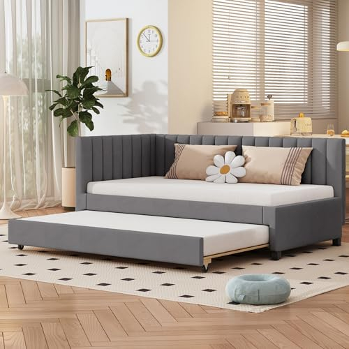NQSLDM Polsterbett Sofabett 90 x 200 cm mit Ausziehbares Ausziehbett und Rückenlehne, Familienbett Tagesbett mit Lattenrost, Bettgestell aus Massivholz, Samt-Stoff, Ohne Matratze, Grau