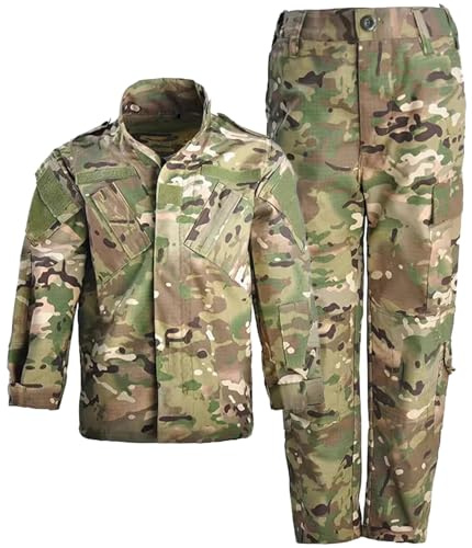 QIYUANT Enfant en Plein Air Vêtements Tactiques Ensembles T-Shirt et Pantalon Airsoft Militaire Camouflage Printemps Été Automne Combat Randonnée Chasse Camping (CP/Veste + Pantalon, 150)