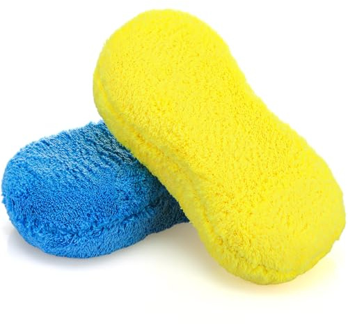Tanlade 2 Pcs Large Car Wash Sponge for Cleaning, The Microfiber Sponges for Car Washing Supplies, Trucks and Motorcycles (Blue,Yellow)