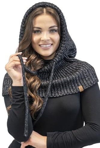 VIVISENCE Schalmütze Kapuzen Schal Für Damen Kombination Aus Stilvolle Mütze Und Loop-Schal Mit Balaclava Verstellbarem Kordelzug Aus Weicher Lammwolle Und Baumwolle Winter, Schwarz,Einheitsgröße