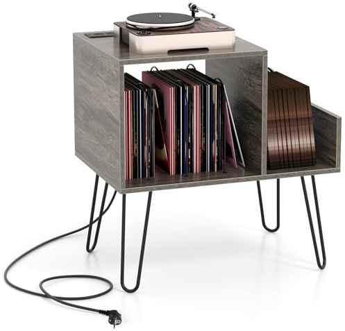 COSTWAY Sidobord med laddningsstation, skivspelarstativ med skiljeväggar och sidohylla, industriellt nattduksbord med uttag, vinylhållare för upp till 145 album (grå)