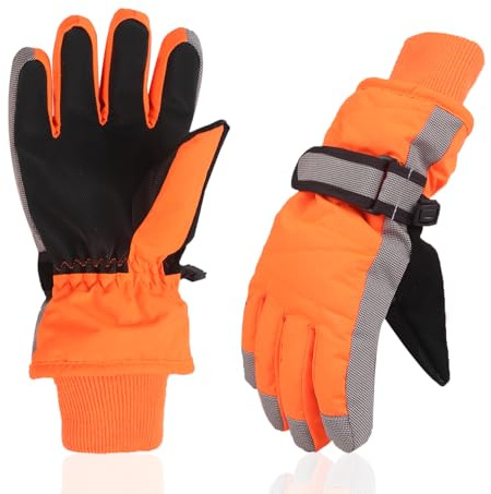 XTACER Kids Ski Snow Gloves Snowboard Winter Warm Cold Weather Gloves for Boys Girls Children (Neon Orange, 10-12 Years)