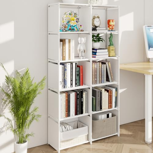 Dhouse Cube Storage Unit, 5-Tiers Bookcase Shelf, Double Row Modular Wardrobe Storage Organiser, Closet Storage Bookshelf Organiser with Fabric Cloth at Back, Living Room, Bedroom, White