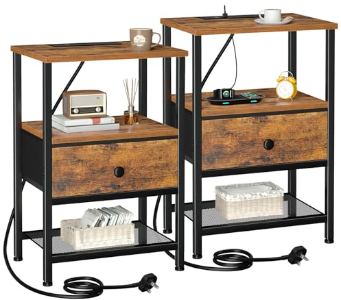 AMHANCIBLE Bedside Table Set of 2 with Charging Station, Nightstand with Fabric Drawer and Open Storage Shelf, Small Side Table, Bedside Cabinets for Living Room, Sturdy Metal Frame, Brown HETS010PBR