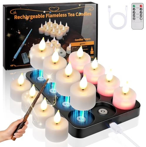 KIKILIVE velas led recargables,12 Piezas sin llama Velas de té LED con estación de carga, temporizador y Magia mando a distancia, para Navidad, Halloween, decoración del hogar