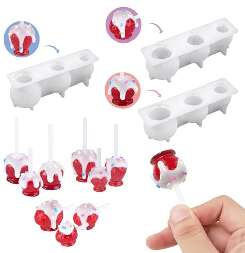 3 stampi in silicone a forma di mela, fragola, lecca-lecca + 100 bastoncini, portachiavi, ciondoli, stampi per fusione, fai da te, cupcake, argilla, sapone, cera, torte, gelatine, caramelle, ciondoli
