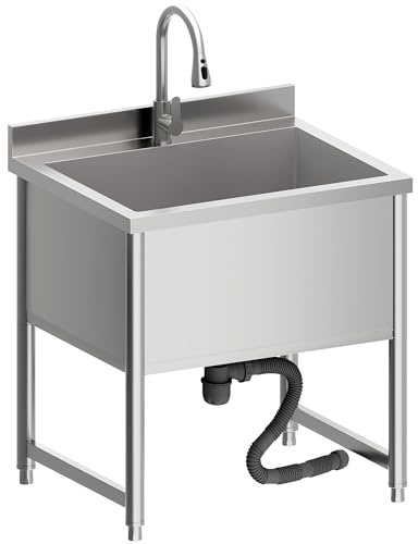 Stainless Steel Commercial Restaurant Sink, Freestanding Large Commercial Sink with Pull-out Faucet for Kitchen Dishwashing, Thawing, Pet Cleaning, Laundry Room, 23.6D x 27.5W x 36.8H