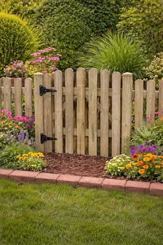 Wooden Garden Arched Picket Gate Pressure Treated Timber Pedestrian Fence Gate, Outdoor Wooden Garden Gate with Picket Design (120cm High x 105cm Wide x 5cm Deep)