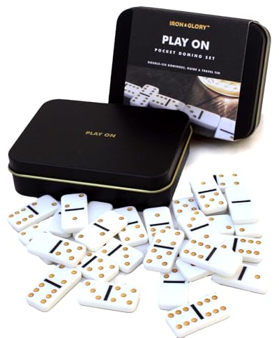 Iron & Glory Travel Dominoes Set | Dominoes Set For Adults | Travel Games | Play On Domino Game | Board Games | Mini Size Domino Deluxe Tin Case | Pocket Size | Family Night Gameplay | Gifts For Him