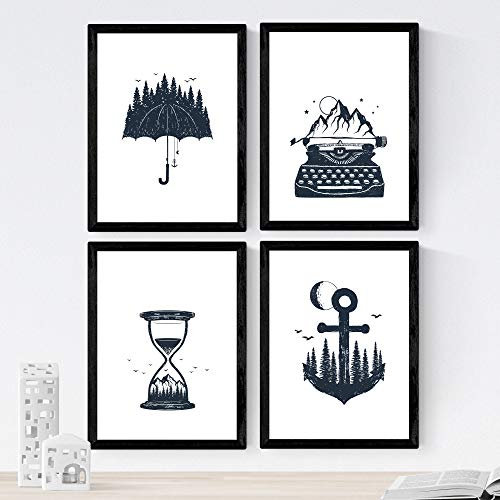 Nacnic Set di 4 fogli meteorologici nella foresta, in misura A4, ombrellone, orologio, ancora, macchina da scrivere. Con Marco.