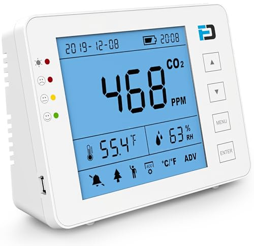 Medidor de Dióxido de Carbono (CO2) de Forensics | Alimentación USB y batería | Vida útil de 10 años | Monitor de CO2 para calidad del aire