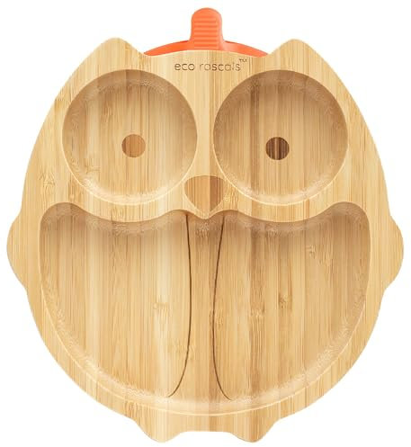eco rascals Bamboo Baby & Toddler Owl Suction Plate - Natural Weaning Large Owl Plate from 6 Months, Beautiful & Organic, Spill Proof Plate with Strong Suction Ring for Feeding Babies (Orange)