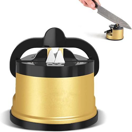 FISHTEC Aiguiseur Couteaux de Cuisine avec Ventouse Antidérapante - Compatible avec 3 Types de Lames - Fix & Sharp - Outil d'affûtage professionnel - Convient pour Lames Acier - Dorée