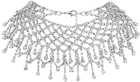 FINGERINSPIRE Strass Quaste Breite Choker Platin Voll Kristall Quaste Halsketten Kristall Strass Lätzchen Halskette Luxus Fransen Halskette für Hochzeit Party Schmuck Zubehör für Frauen und Mädchen