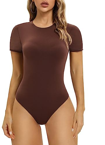 SHAPERX Body Mujer Manga Corta Bodysuit Top Cuello Redondo Elástico Body Suit Tanga, UK-SZ5249-2-Cocoa-XL