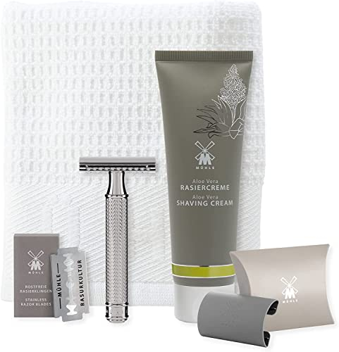 MÜHLE R 89 Rasierset 5 tlg. - Rasierhobel mit geschlossenem Kamm, Metall verchromt, Klinge, Creme, Tuch – silber