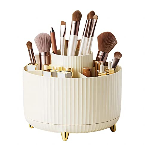 DASITON Large Capacity Makeup Brush Holder,360° Rotating Makeup Organiser,5 Slot Makeup Brushes Cup,for Vanity Decor,Bathroom Countertops,Desk Storage Container,Cosmetic Display Cases(Cream)