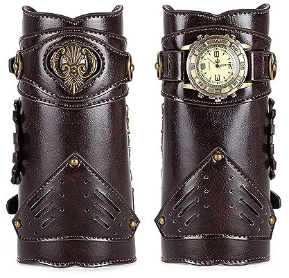 JewelryWe Leder Armschutz mit Uhr Herren - 2 Stück Steampunk Armschiene Echtleder Armschützer Armbanduhr Männer Mittelalterliches Gauntlet-Armband Handschuhe für für Halloween Cosplay Party