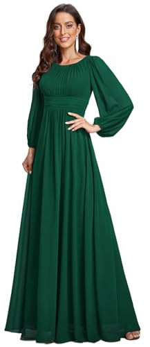 Ever-Pretty Women's Crewneck Long Lantern Sleeves Floor Length A-Line Pleated Chiffon Formal Dress Dark Green US04