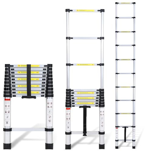 Randaco 3,2 m teleskopstege, utdragbar stege, halkfri aluminiumstege stående stege multifunktionsstege utdragbar aluminiumstege, teleskop utdragbar stege 150 kg lastkapacitet