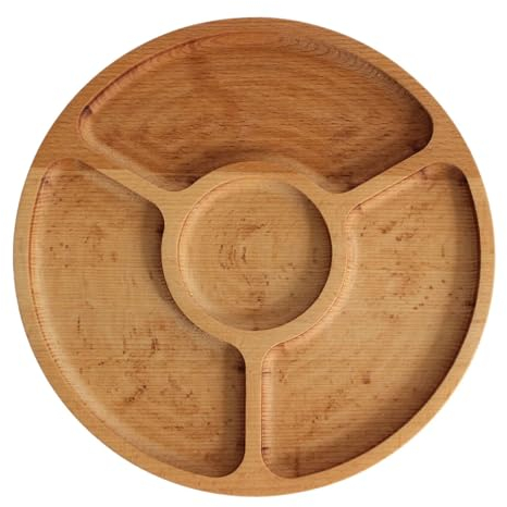 4BIG.fun Piatto da portata Ø 25 cm, in legno naturale con 4 scomparti divisi, piatti da portata di antipasti, formaggi e snack, tagliere in legno per carne e formaggio, tagliere per formaggi,