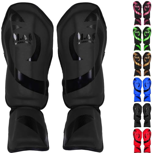 Kickboxing, Muay Thai Shin Guards & Foot Protectors for, MMA Karate, Taekwondo, BJJ – Elasticated Shin Instep Pads – Martial Arts Sparring Leg Guards for Adults & Kids