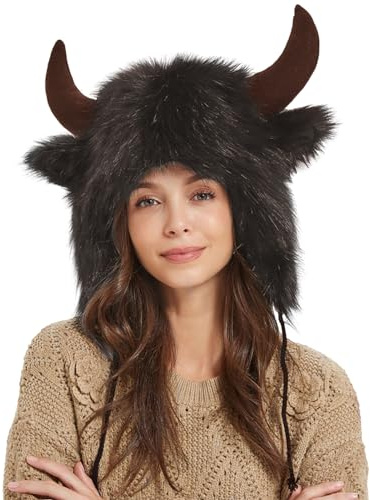 Cappello con bisonte con corna, cappello in corno di peluche, cappello invernale, copricapo per uomini e donne, per cosplay di animali, cappello di pelliccia per caffè all'aperto