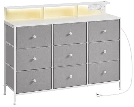 SONGMICS Chest of Drawers Bedroom, Storage Unit with 9 Fabric Drawers and LED Lights, Charging Station, Steel Frame, 33.5 x 114 x 84 cm, for Living Room, Dove Grey LTS519G02