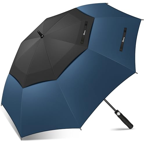 NINEMAX Grand Parapluie Golf, XL Ombrelle Grande Taille Anti Vent Solide Résistant, Parapluies Geant Tempete Incassable pour Homme Femme 2 Personnes (Noir/Bleu Profond)