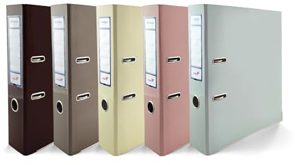5 x mappar DIN A4 Ekobox Premium Edition 5 färger glänsande chokladbrun vanilj kakaobrun pastellrosa pastellblå 2-ringmekanik ringorder A4 75 mm plastmapp bred kontorsmapp 5-pack