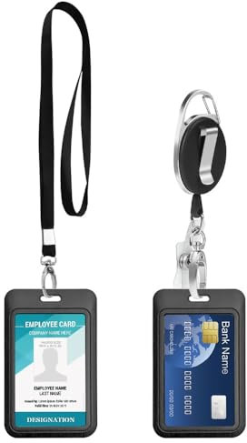 Funda para identificación con cinta, 2 juegos de soportes para tarjetas de identificación deslizantes, soporte vertical para tarjetas con cordón extensible, plástico duro transparente, funda