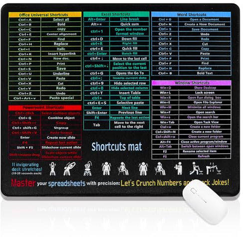 Tyqour Tappetino per mouse piccolo, 26 x 21 cm, mini tappetino per mouse per uomo e donna, tappetino per mouse da gaming, nero, Excel Shortcuts Mouse Pad, antiscivolo, per PC, ufficio, laptop,