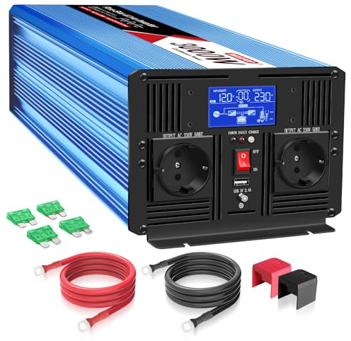 BENNTOP Inversor 3000W/6000W 12V a 220V 230V Onda sinusoidal Pura Convertidor Inverter Transformador de Voltaje con 1 USB,Pantalla LCD,para Sistema Solar, Coche,Caravanas,Acampada