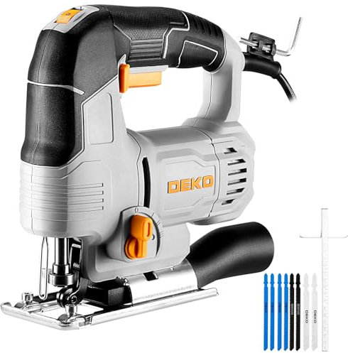 Electric Jigsaw Tool: DEKOPRO 550W Power Jig Saws Jigsaws Wood Cutter Machine, 6 Variable Speed 800-3000 SPM with LED, ±45°Bevel Cutting Cut Blades, with 8 PCS Sawblades for Wood, Metal, Plastic