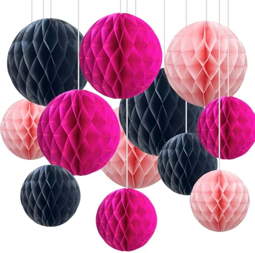 12 palline a nido d'ape in carta velina nera e rosa, per decorazioni per feste (6 pollici e 10 pollici)
