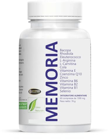HYPER MEMORIA – Integratore per Concentrazione, Focus e Energia Mentale con Bacopa, Rhodiola, Eleuterococco, L-Arginina, L-Carnitina, Coenzima Q10, Vitamine B1 - B2 - B6 -E, Zinco e Selenio.