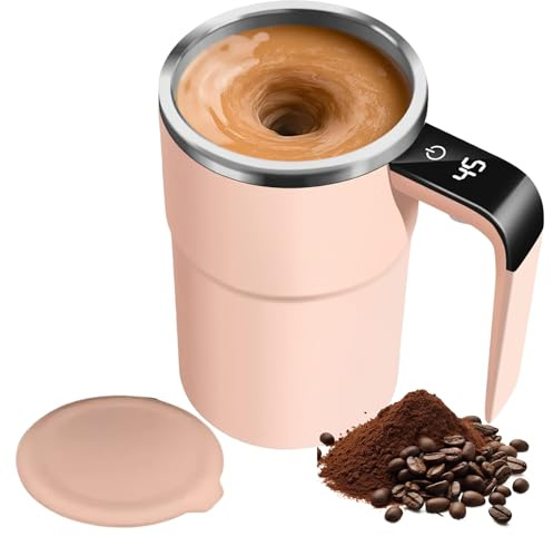 Tasse à Café électrique à Mélange Automatique,Tasse à Mélange Automatique 380ML Avec poignée,Affichage Température,Mélangeur Magnétique en Acier Inoxydable 304 pour Café,Lait,Poudre Protéine (Rose)