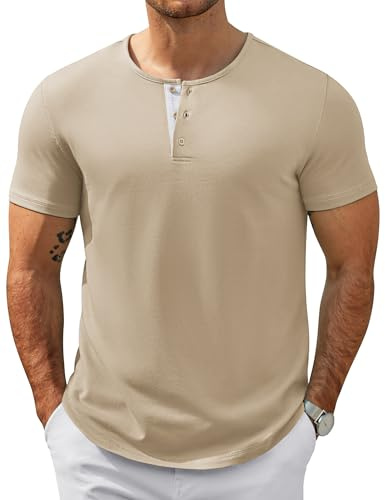 COOFANDY Henley Homme à Manches Courtes Tee Shirt Coton T-Shirt D'été Casual Tshirts Décontracté à Boutons Beige L